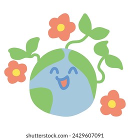 Illustration of a smiling character with a cute deformed image of the earth, decorated with flowers and plants