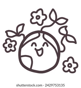 Illustration of a smiling character with a cute deformed image of the earth, decorated with flowers and plants