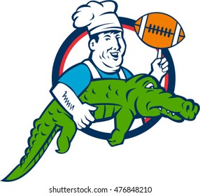 Illustration of a smiling chef cook wearing hat and apron twirling football ball and carrying alligator viewed from the side set inside circle done in retro style. 