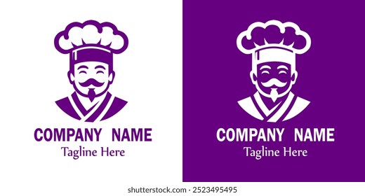 Illustration of a smiling chef with a distinctive goatee and mustache, wearing a traditional Japanese, Chinese, Korean chef's hat and uniform. Suitable for brand logos related to food, restaurants