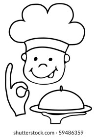 Illustration of the smiling chef with happy gesture serving tasty food