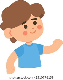 Illustration of a smiling child with brown hair wearing a blue shirt, raising their right hand. Happy kid waving