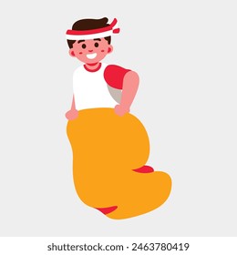 Illustration of a smiling child with a headband participating in a sack race, wearing a white and red outfit. Indonesia Independence Day