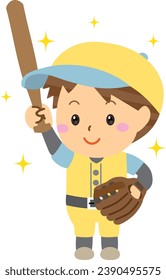 Illustration of a smiling child playing baseball