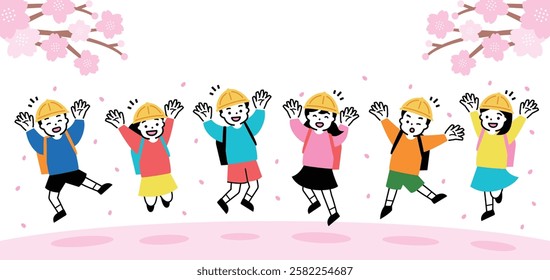 An illustration of smiling children jumping with joy at the entrance ceremony for the new school term in spring, with cherry blossoms falling