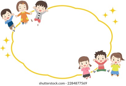 Illustration of smiling children jumping and speech bubble