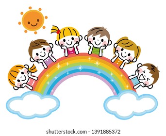 Illustration of smiling children with a rainbow.