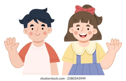 Illustration of smiling children waving hello