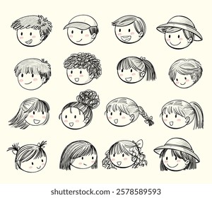 Illustration of smiling children's faces with various hairstyles