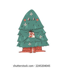 ilustración de un árbol de navidad sonriente con botas rojas con un regalo y juguetes en las ramas