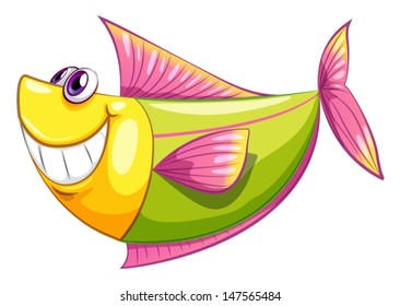 Illustration of a smiling colorful aquatic fish on a white background