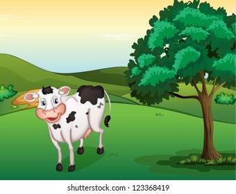 Illustration of a smiling cow in a beautiful nature