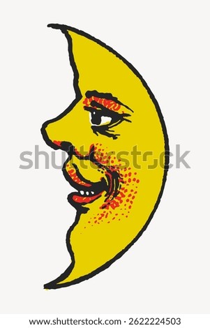 Illustration of a smiling crescent moon with a human face. The moon is yellow with red accents, featuring a prominent nose and cheerful expression. Vintage illustration vector.
