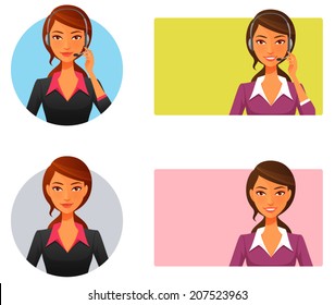 illustration of a smiling customer support operator with headset. Young cheerful woman in smart casual outfit, helping clients through a phone call. Cartoon character. Vector eps file.