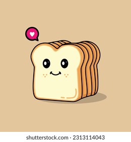 illustration of a Smiling Cute Cute Bread Character. Cute Cartoon Bread Slice and love symbol.Bread Staple Food. Toast.