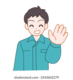 Illustration of a smiling deformed man greeting someone in work clothes.