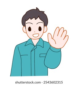 Illustration of a smiling deformed man greeting someone in work clothes.