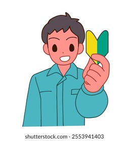 Illustration of a smiling deformed man holding a beginner's mark in work clothes.