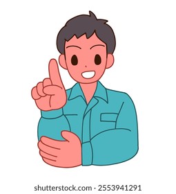 Illustration of a smiling deformed man pointing his finger in work clothes