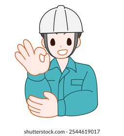 Ilustração de um homem sorrindo deformado usando um capacete e roupas de trabalho OK