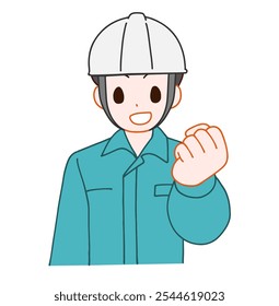 Ilustração de um homem deformado sorridente usando um capacete e roupas de trabalho com um sorriso instintivo.