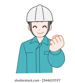 Ilustração de um homem deformado sorridente usando um capacete e roupas de trabalho com um sorriso instintivo.