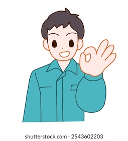Ilustración de un hombre deforme sonriente en ropa de trabajo OK