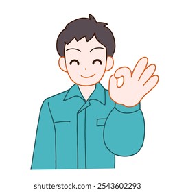 Ilustração de um homem deformado sorridente em roupas de trabalho OK