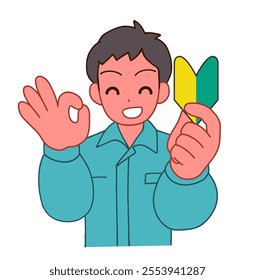 Illustration of a smiling deformed man in work clothes holding a beginner's mark and signing OK