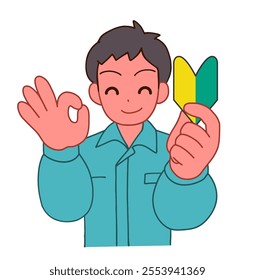 Illustration of a smiling deformed man in work clothes holding a beginner's mark and signing OK