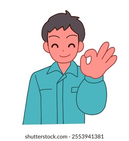 Illustration of a smiling deformed man in work clothes OK