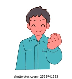 Illustration of a smiling deformed man in work clothes with a gut-punching smile.