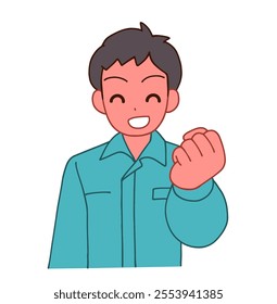 Illustration of a smiling deformed man in work clothes with a gut-punching smile.