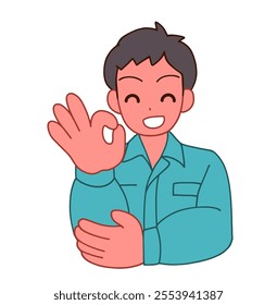 Illustration of a smiling deformed man in work clothes who smiles and says OK.