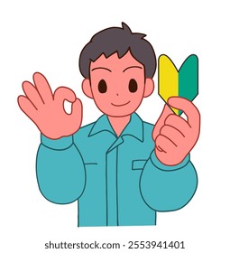 Illustration of a smiling deformed man in work clothes holding a beginner's mark and signing OK