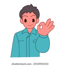 Illustration of a smiling deformed man in work clothes OK