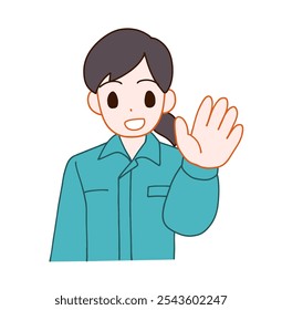 Illustration of a smiling deformed woman greeting someone in work clothes.