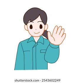 Illustration of a smiling deformed woman greeting someone in work clothes.