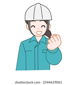 Ilustração de uma mulher deformada sorridente usando um capacete e roupas de trabalho com um sorriso instintivo.