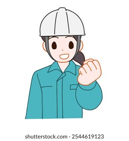 Ilustração de uma mulher deformada sorridente usando um capacete e roupas de trabalho com um sorriso instintivo.