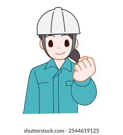 Ilustração de uma mulher deformada sorridente usando um capacete e roupas de trabalho com um sorriso instintivo.