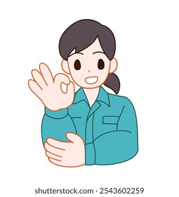 Illustration of a smiling deformed woman in work clothes OK