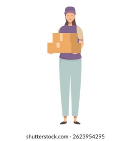 Illustration of a smiling delivery woman in casual attire, carrying a stack of packages
