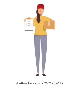 Illustration of a smiling delivery woman with a parcel and clipboard