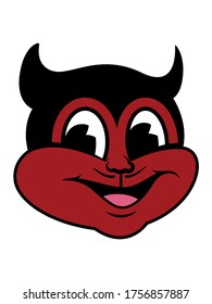 An illustration of a smiling devil head, inspired by 1930's cartoons and tattoo flash artwork.