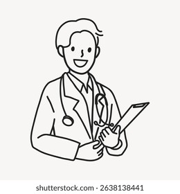 Illustration of a smiling doctor with a stethoscope and clipboard. The doctor wears a lab coat. Simple line art style. Medical professional illustration. Person, character illustration vector.