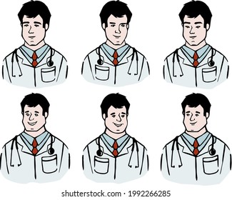 Illustration of a smiling doctor with a stethoscope in a medical gown, character and emotion options