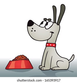 Illustration of a smiling dog and a food bowl