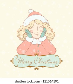 Illustration of smiling dreaming girl and place for your text. Template background with text frame and Christmas image for design and decoration