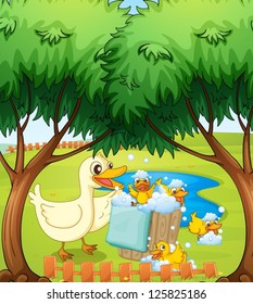 Illustration of a smiling duck and duckling playing with foam